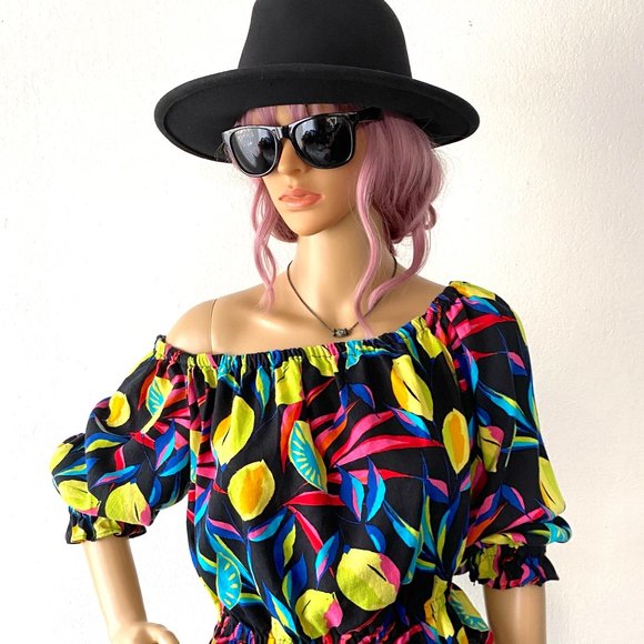 Colorful Ruffled Crop Top Lemon Print Blouse Resort Fashion Tropical Vacation M - Picture 6 of 7